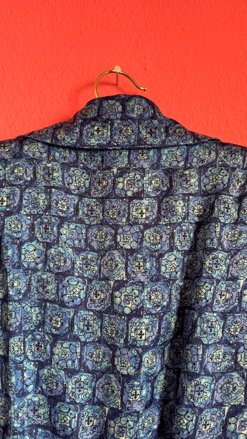 Vintage 1980s Blue Geometric Print Silk Shirt Dress with Pleated Skirt