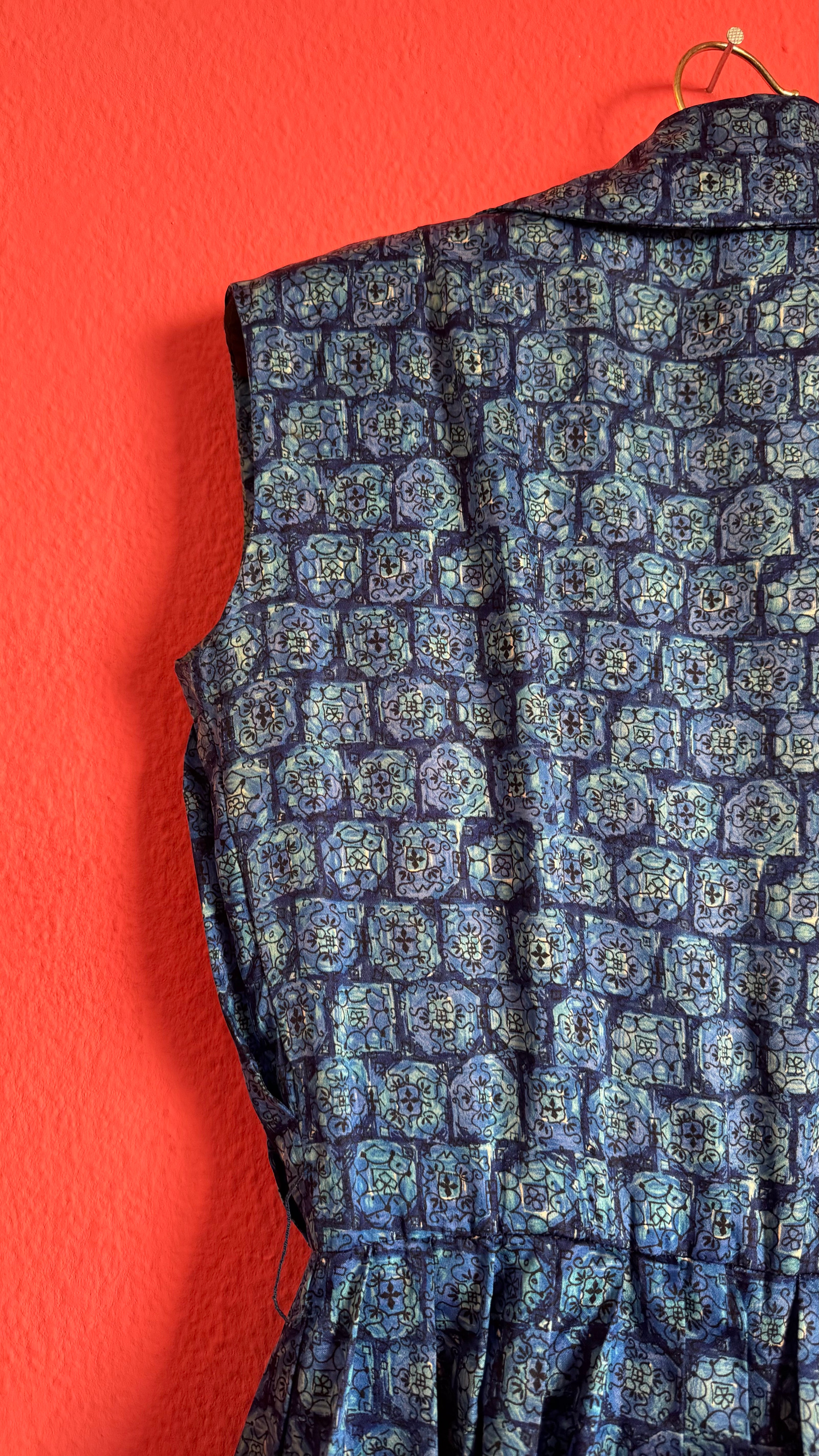 Vintage 1980s Blue Geometric Print Silk Shirt Dress with Pleated Skirt
