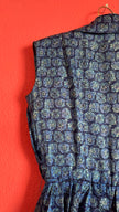 Vintage 1980s Blue Geometric Print Silk Shirt Dress with Pleated Skirt