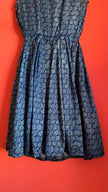 Vintage 1980s Blue Geometric Print Silk Shirt Dress with Pleated Skirt