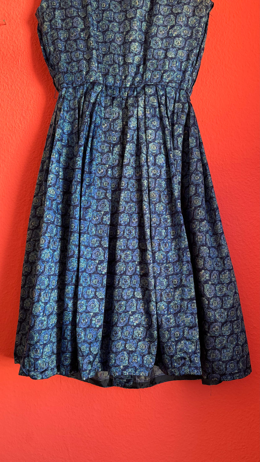 Vintage 1980s Blue Geometric Print Silk Shirt Dress with Pleated Skirt
