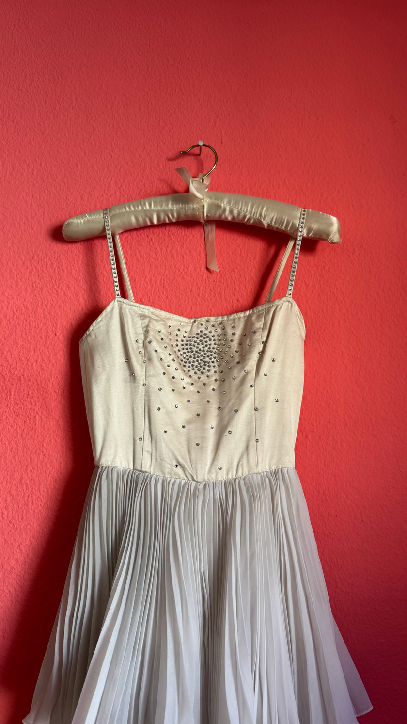 Vintage 1950s Ivory Rhinestone Tiered Evening Gown by Gisela-Modelle