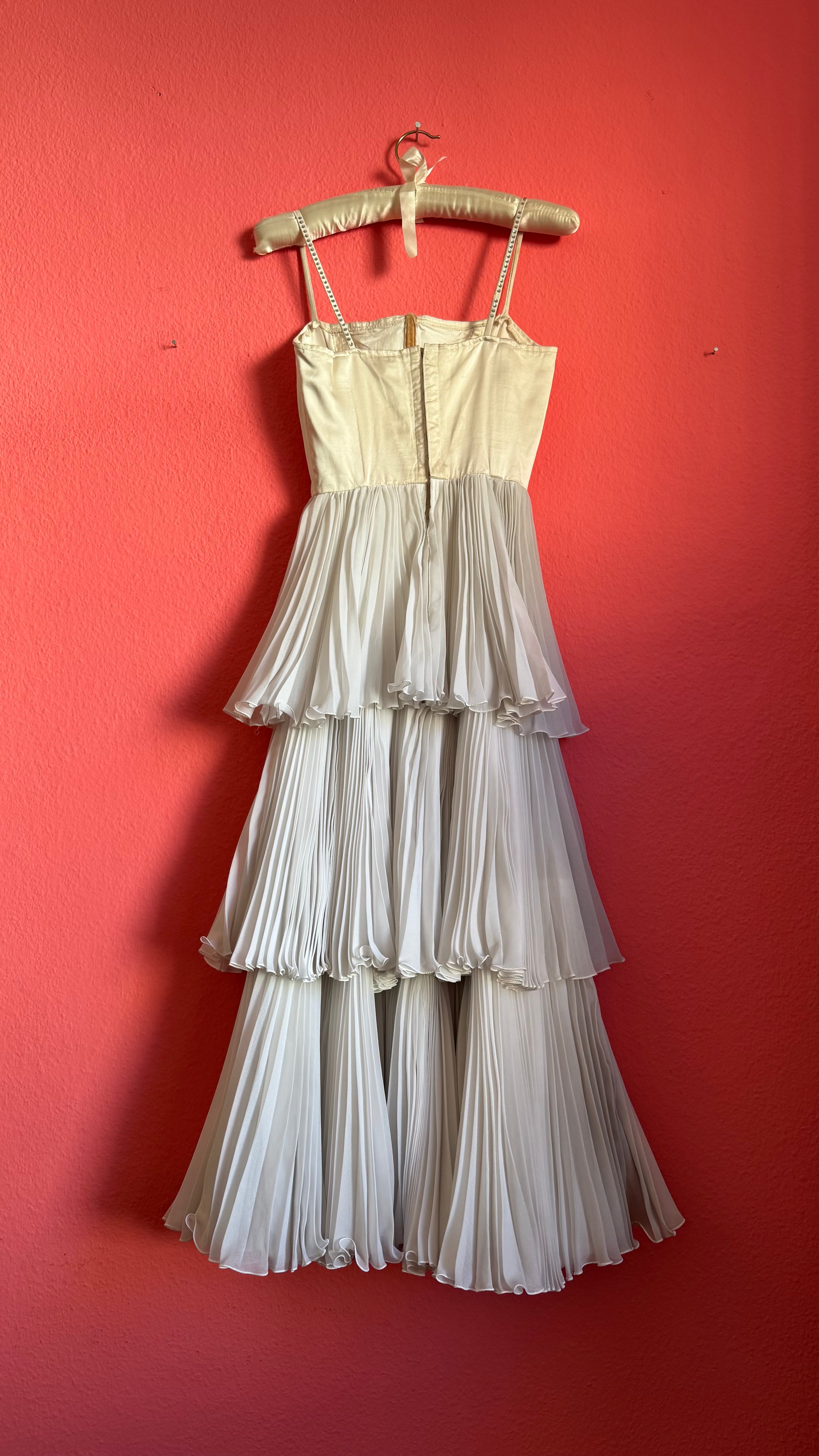 Vintage 1950s Ivory Rhinestone Tiered Evening Gown by Gisela-Modelle