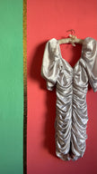 Vintage 1980s Silver Satin Ruched Puff Sleeve Cocktail Dress