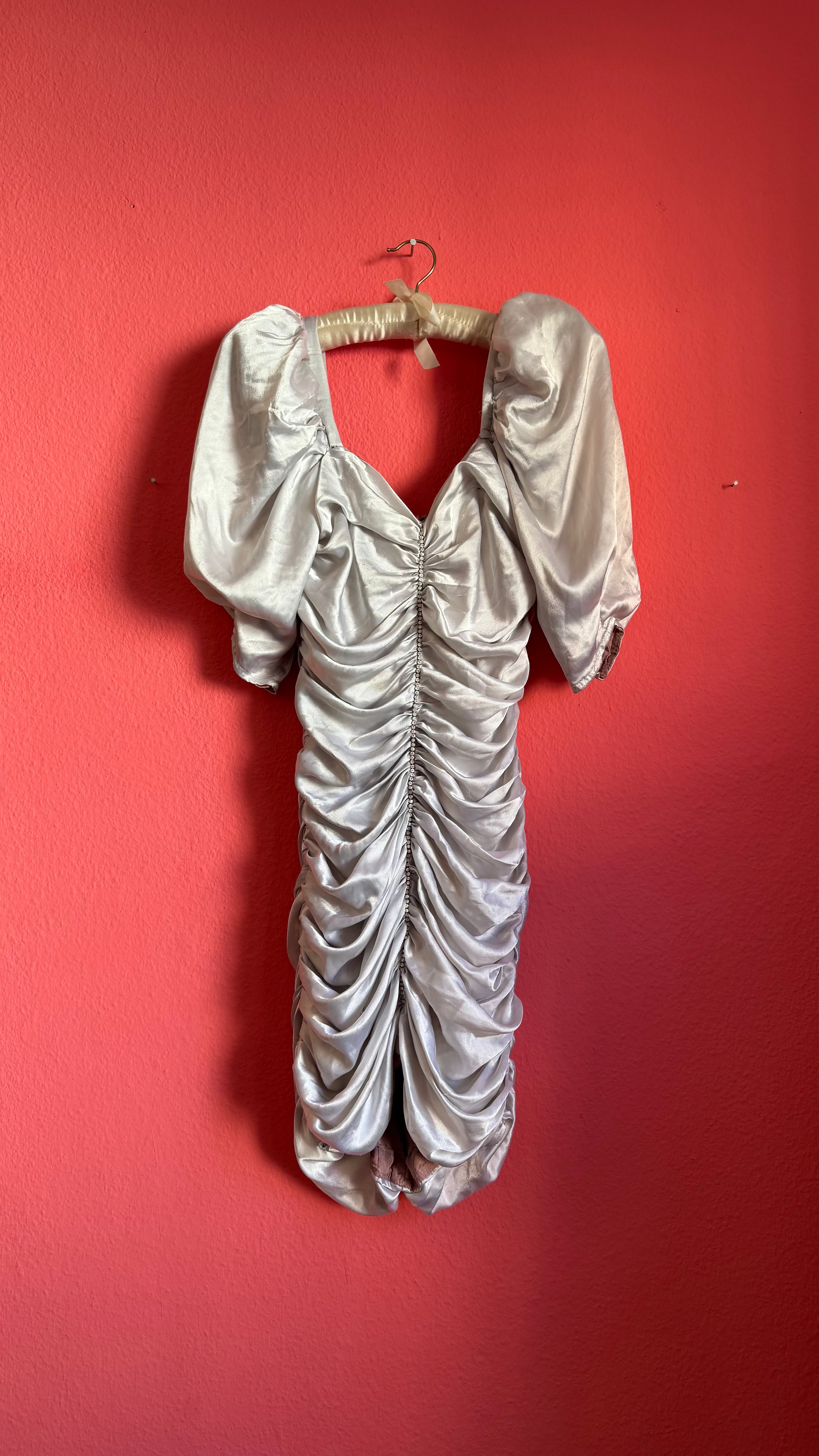 Vintage 1980s Silver Satin Ruched Puff Sleeve Cocktail Dress