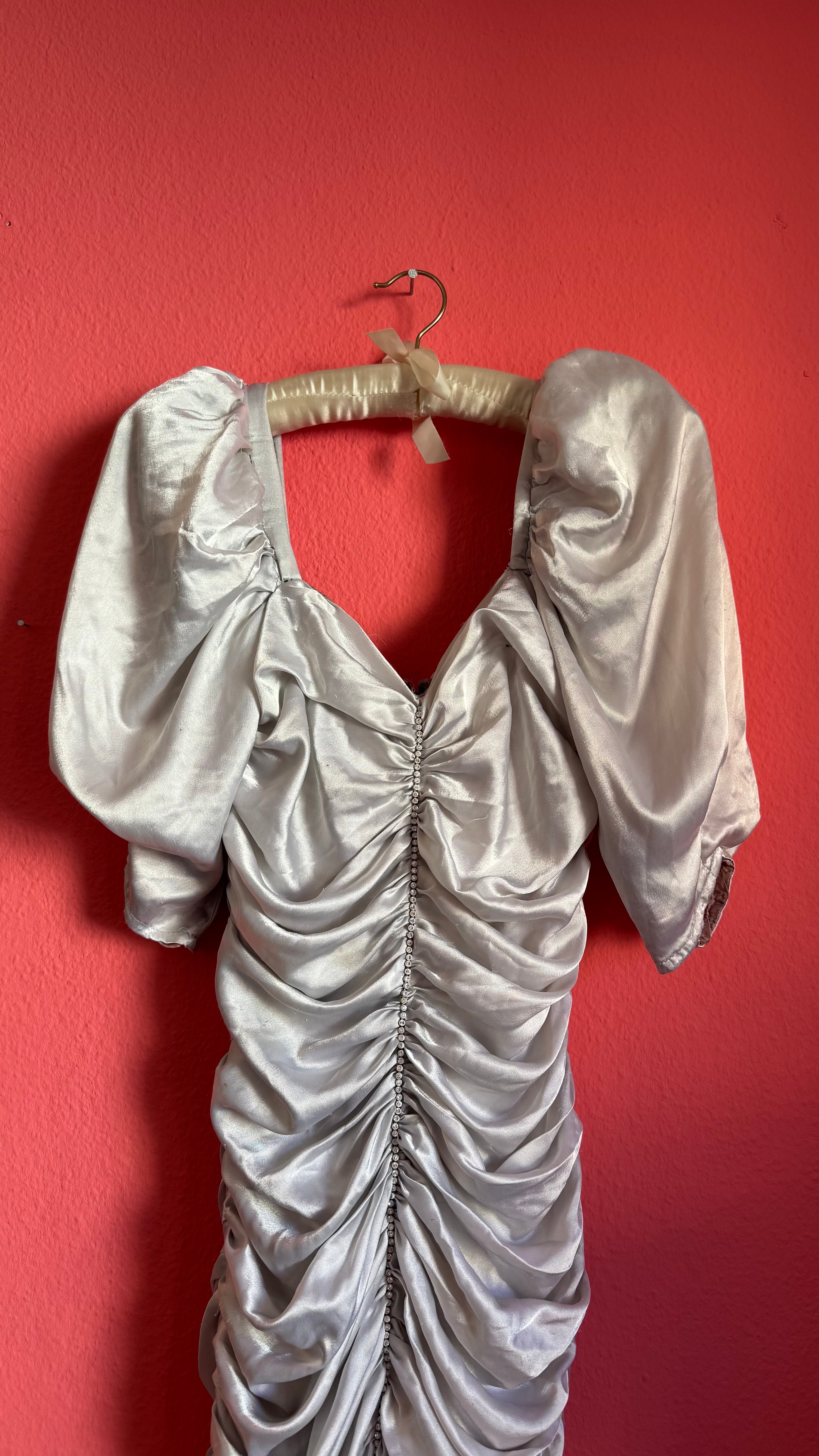 Vintage 1980s Silver Satin Ruched Puff Sleeve Cocktail Dress