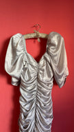 Vintage 1980s Silver Satin Ruched Puff Sleeve Cocktail Dress