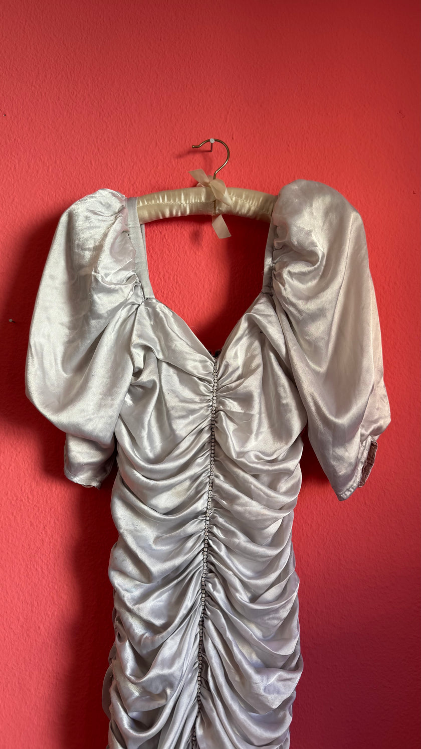 Vintage 1980s Silver Satin Ruched Puff Sleeve Cocktail Dress