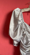 Vintage 1980s Silver Satin Ruched Puff Sleeve Cocktail Dress