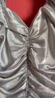 Vintage 1980s Silver Satin Ruched Puff Sleeve Cocktail Dress