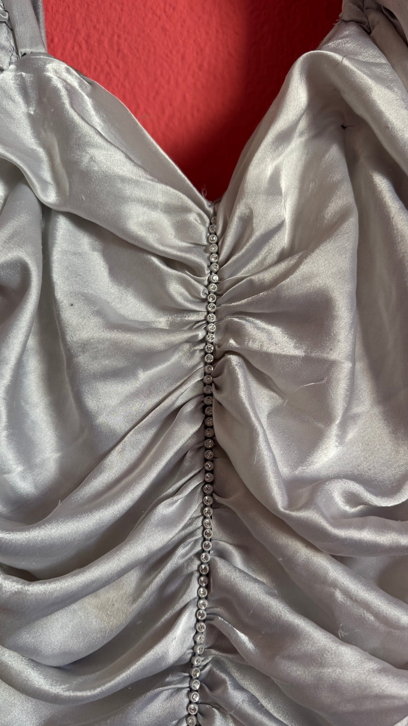 Vintage 1980s Silver Satin Ruched Puff Sleeve Cocktail Dress