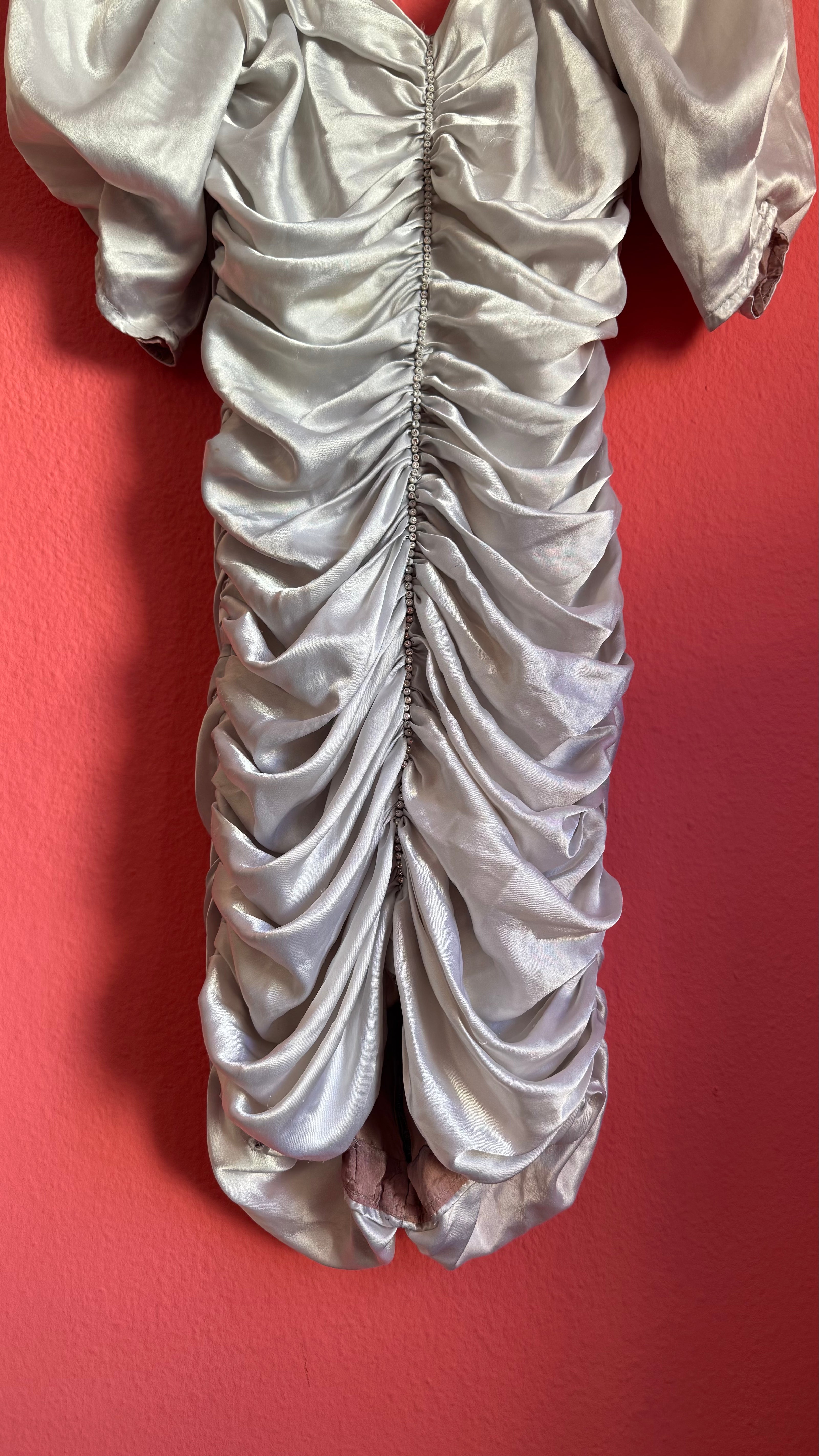 Vintage 1980s Silver Satin Ruched Puff Sleeve Cocktail Dress