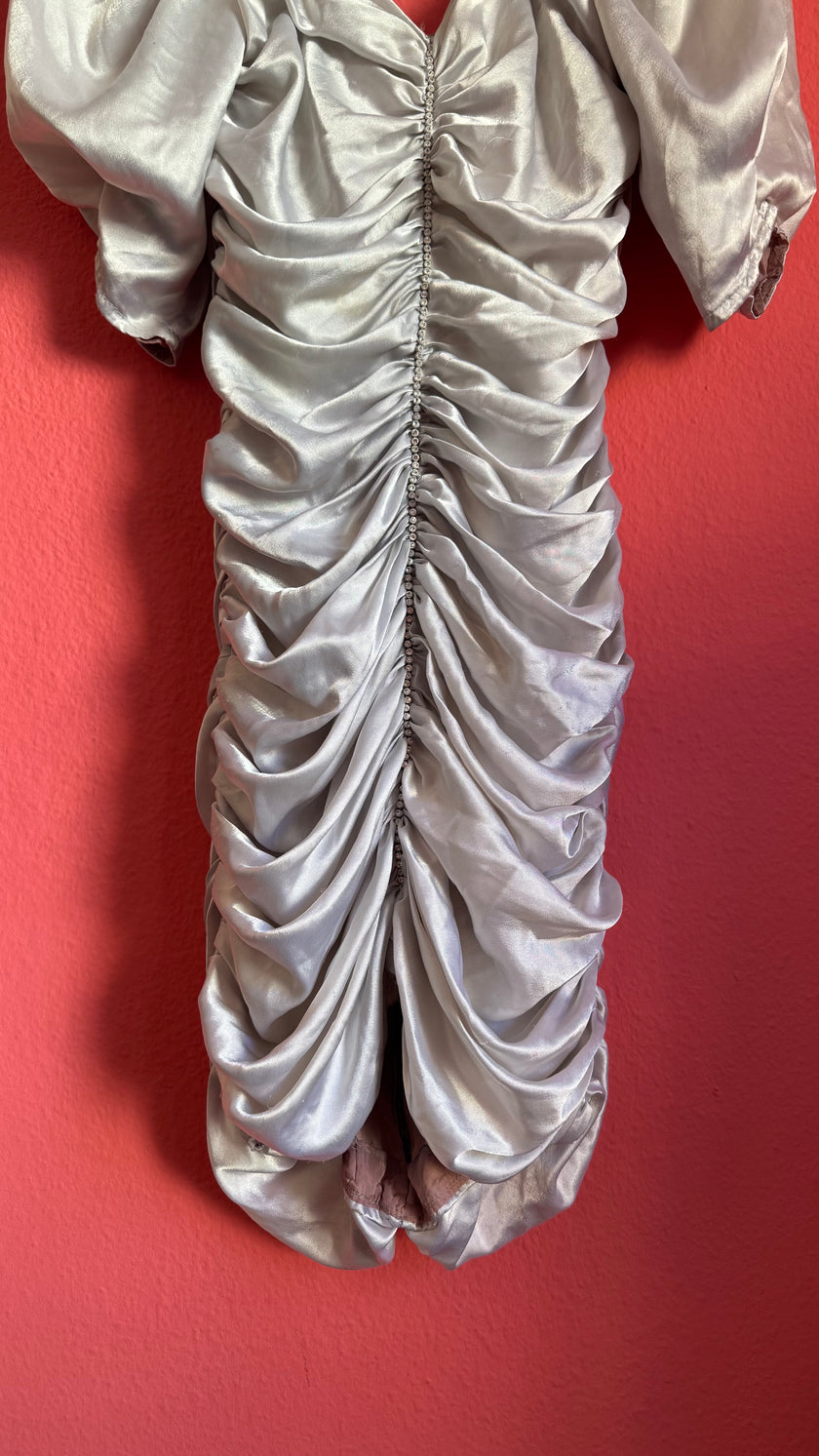 Vintage 1980s Silver Satin Ruched Puff Sleeve Cocktail Dress
