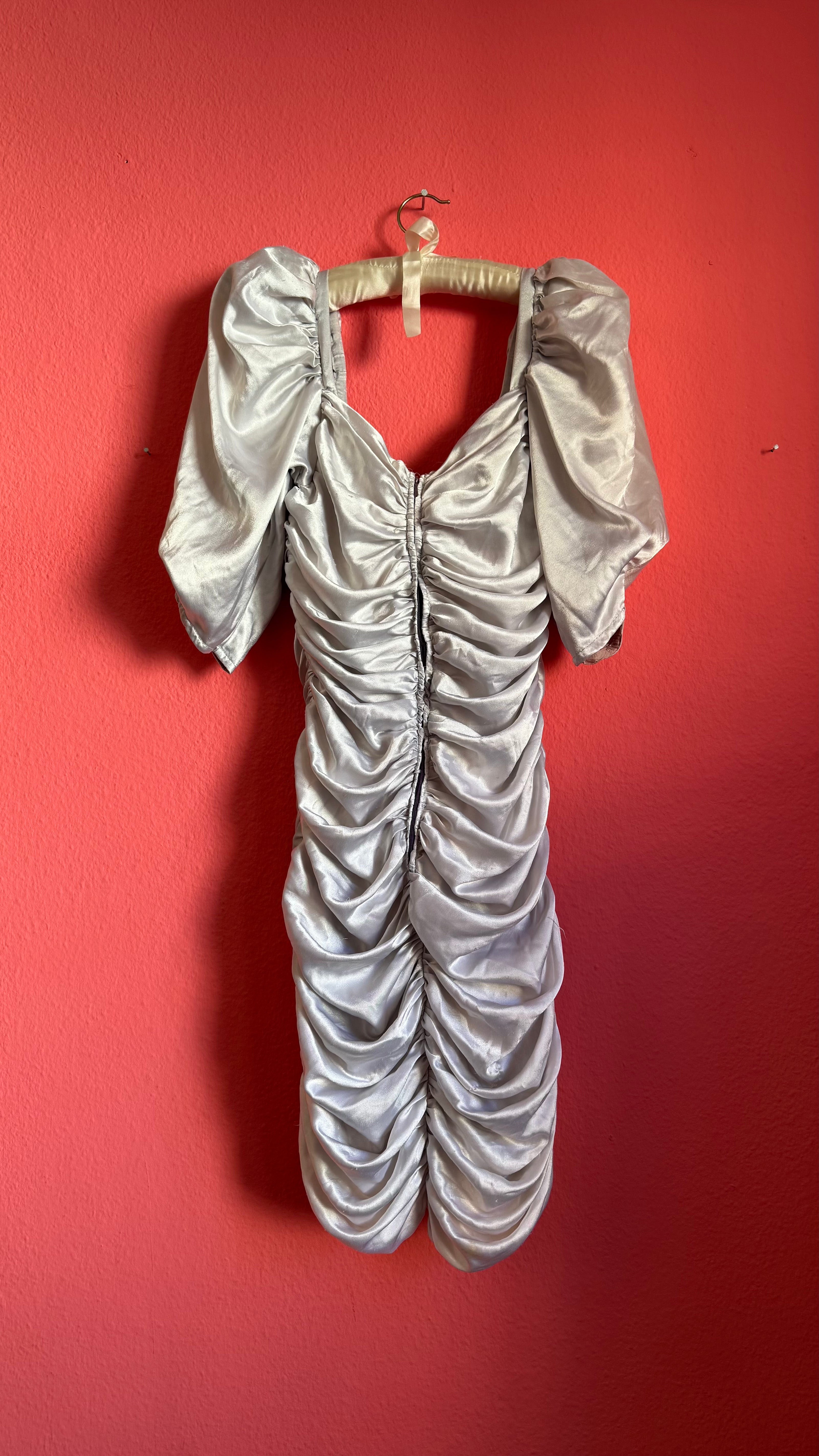 Vintage 1980s Silver Satin Ruched Puff Sleeve Cocktail Dress