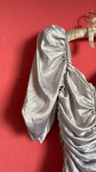 Vintage 1980s Silver Satin Ruched Puff Sleeve Cocktail Dress