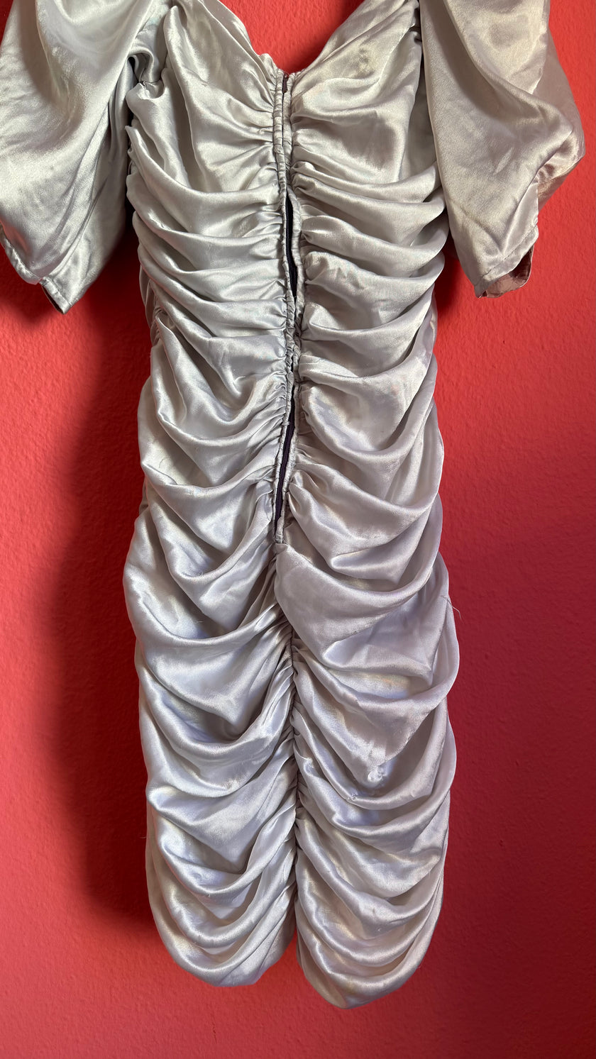 Vintage 1980s Silver Satin Ruched Puff Sleeve Cocktail Dress