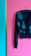 Escada Black Cardigan with Turquoise Floral Embroidery