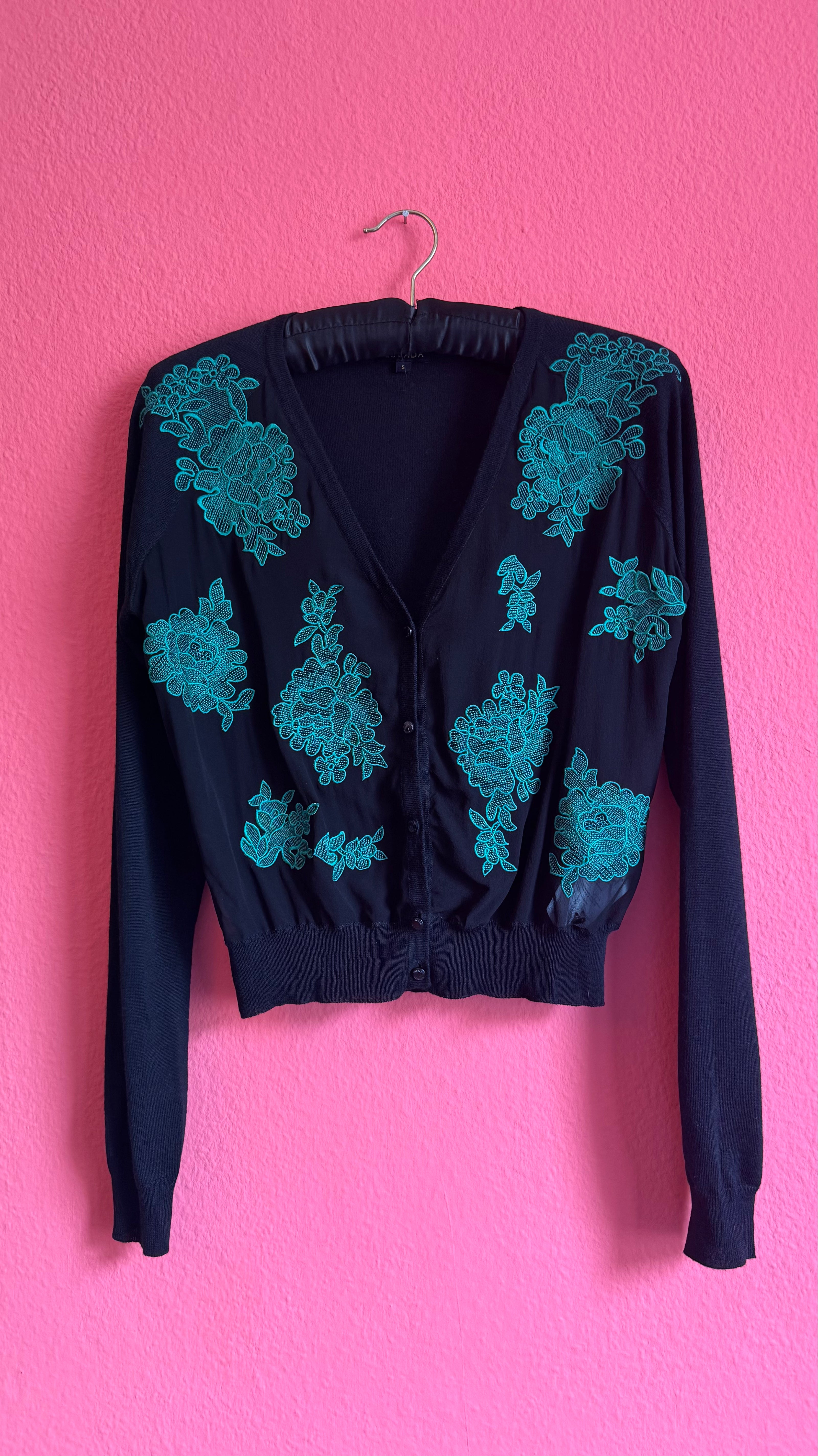 Escada Black Cardigan with Turquoise Floral Embroidery