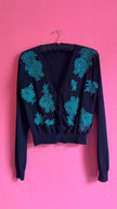 Escada Black Cardigan with Turquoise Floral Embroidery