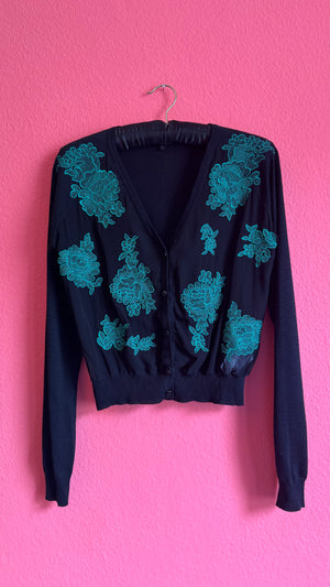 Escada Black Cardigan with Turquoise Floral Embroidery