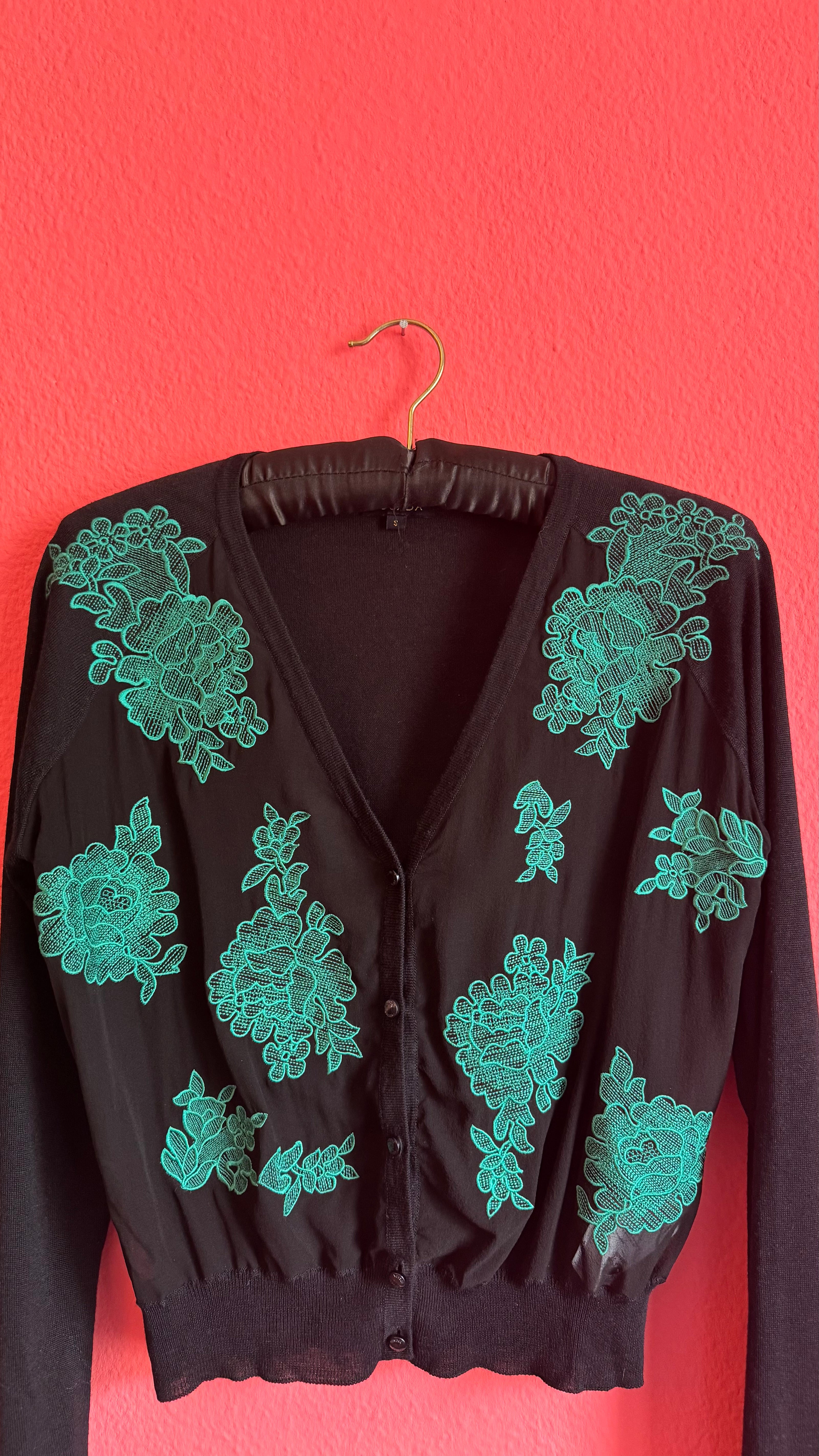 Escada Black Cardigan with Turquoise Floral Embroidery