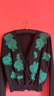 Escada Black Cardigan with Turquoise Floral Embroidery
