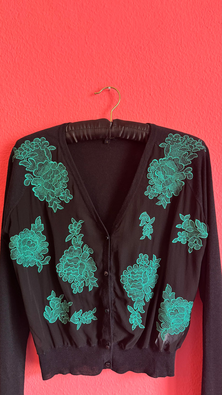 Escada Black Cardigan with Turquoise Floral Embroidery
