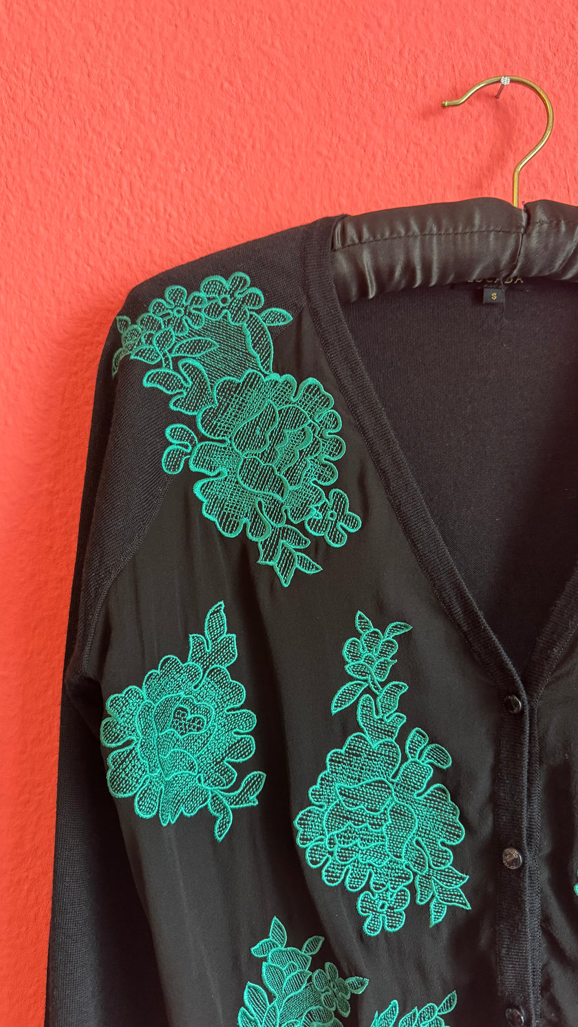 Escada Black Cardigan with Turquoise Floral Embroidery