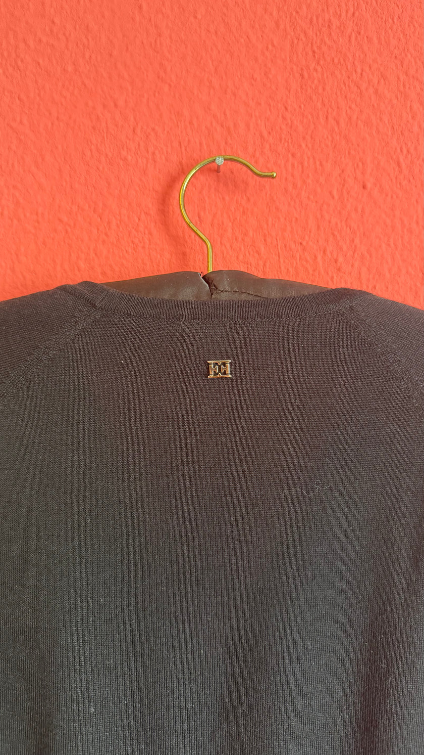 Escada Black Cardigan with Turquoise Floral Embroidery