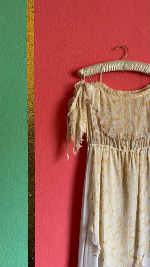 Vintage Zandra Rhodes Ivory and Gold Pleated Silk Evening Gown