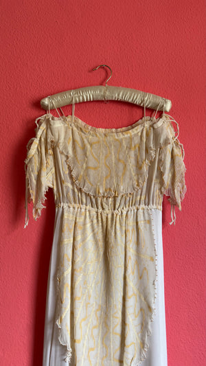 Vintage Zandra Rhodes Ivory and Gold Pleated Silk Evening Gown
