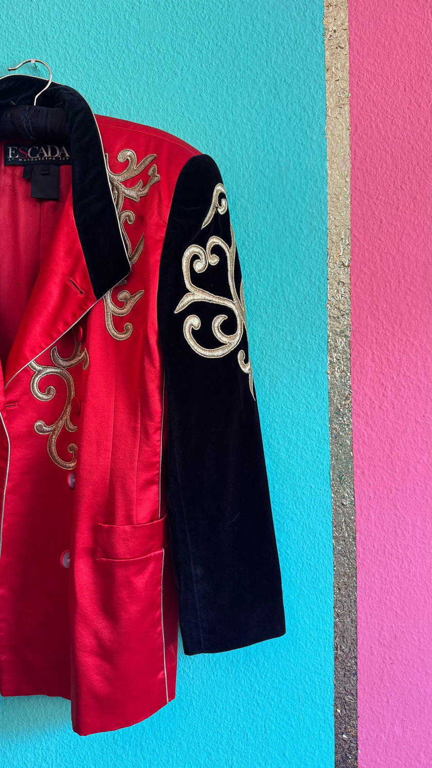 1990s Escada Red Satin And Black Velvet Embroidered Jacket