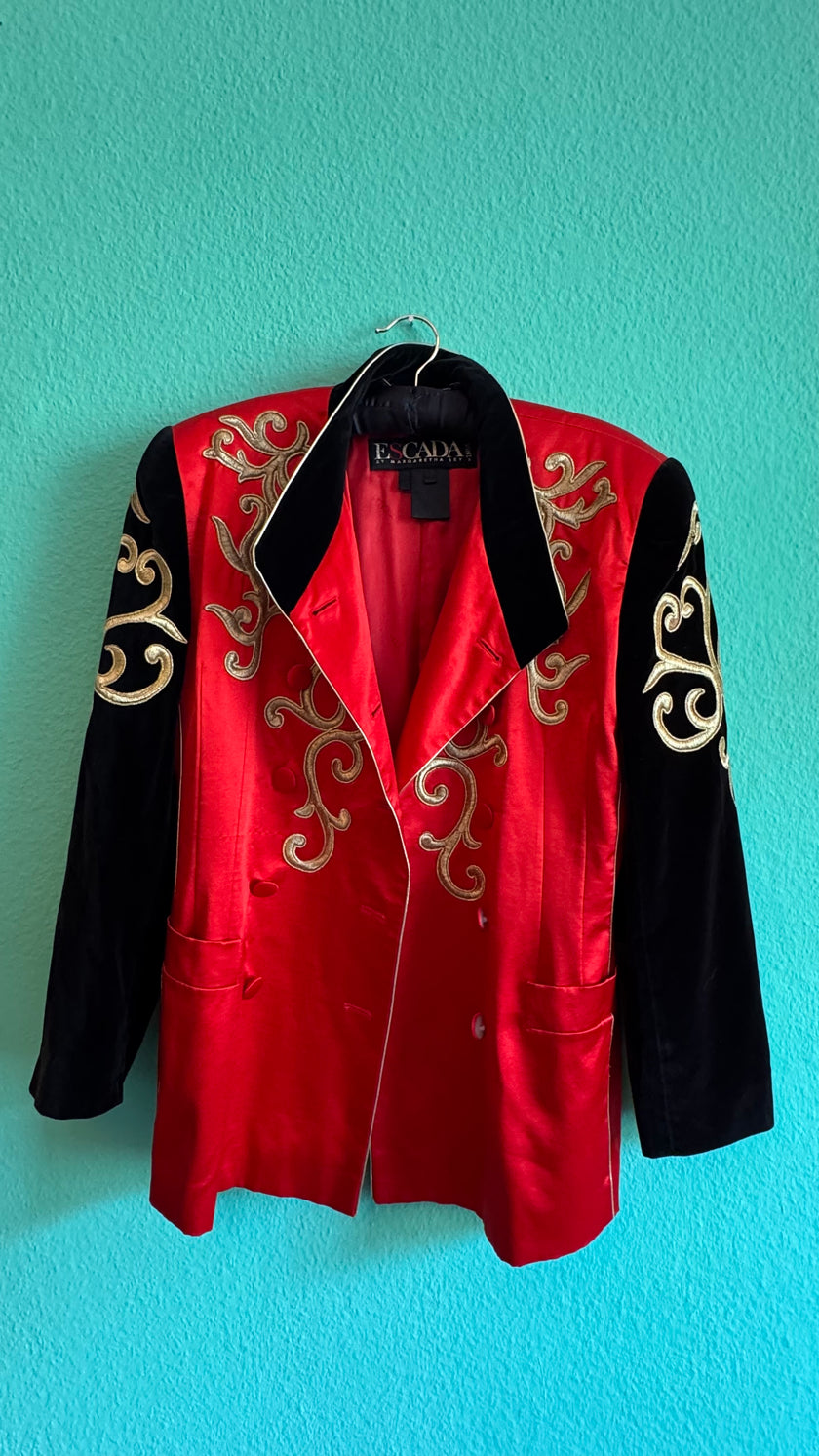 1990s Escada Red Satin And Black Velvet Embroidered Jacket