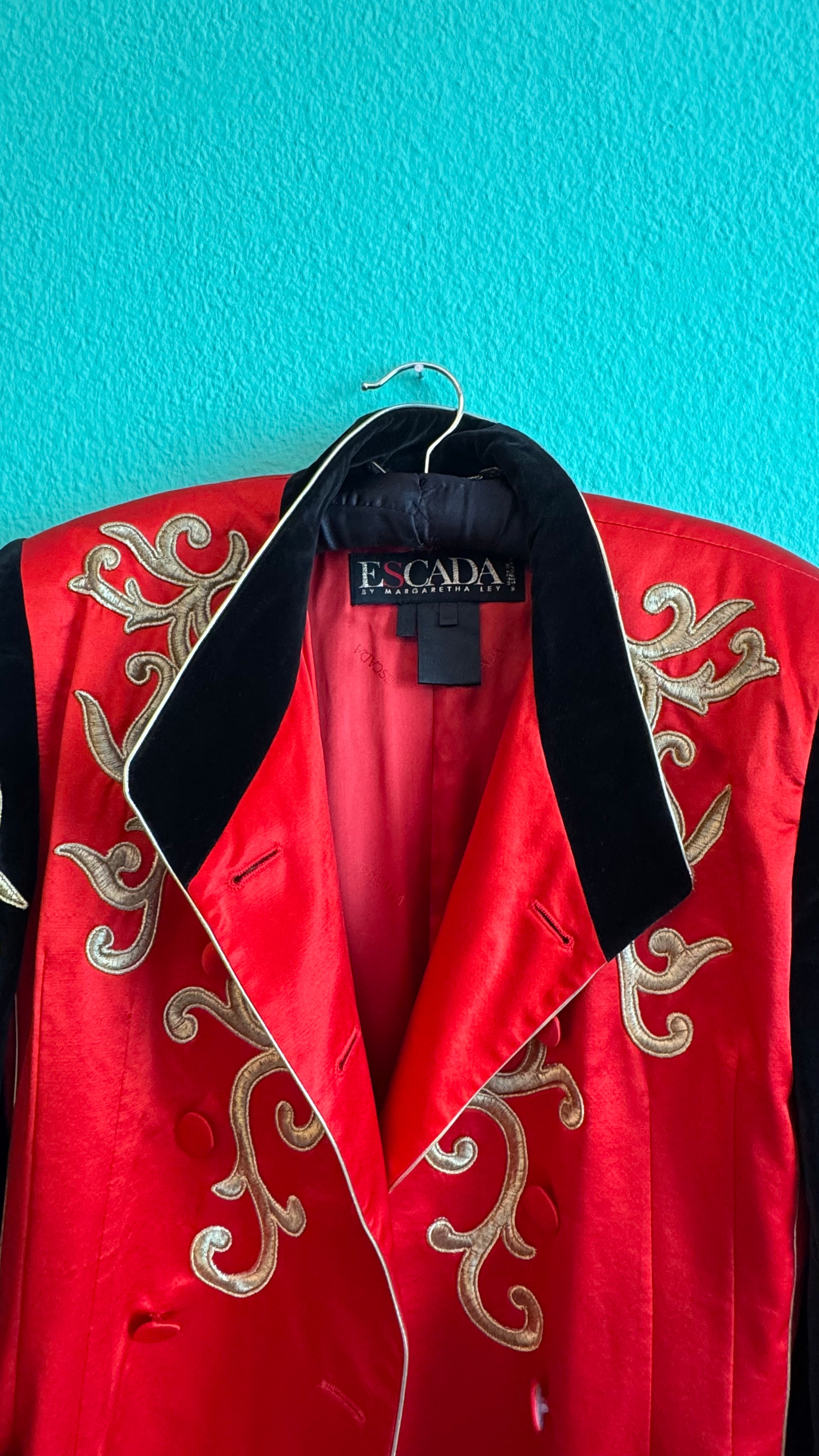 1990s Escada Red Satin And Black Velvet Embroidered Jacket