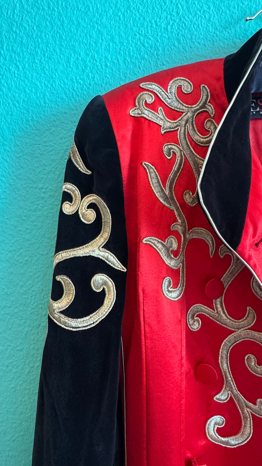 1990s Escada Red Satin And Black Velvet Embroidered Jacket