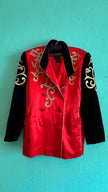 1990s Escada Red Satin And Black Velvet Embroidered Jacket