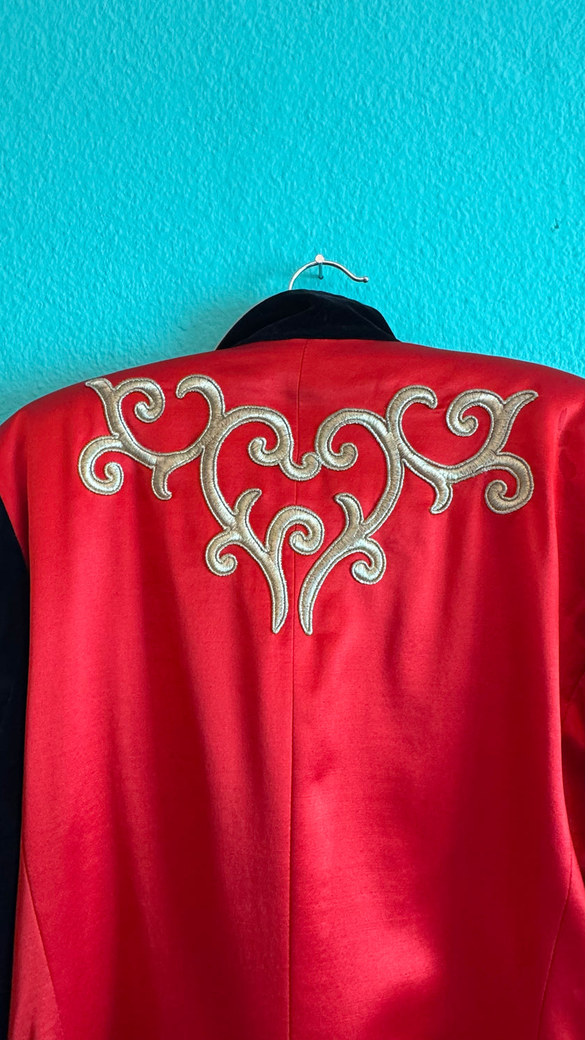 1990s Escada Red Satin And Black Velvet Embroidered Jacket