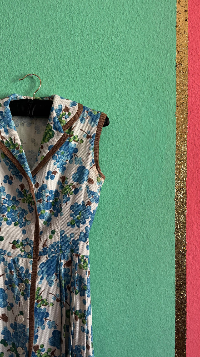 Vintage 1950s Blue Floral Cotton Dress