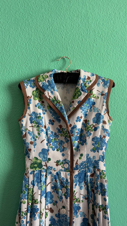 Vintage 1950s Blue Floral Cotton Dress