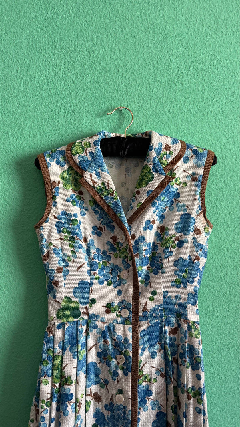 Vintage 1950s Blue Floral Cotton Dress