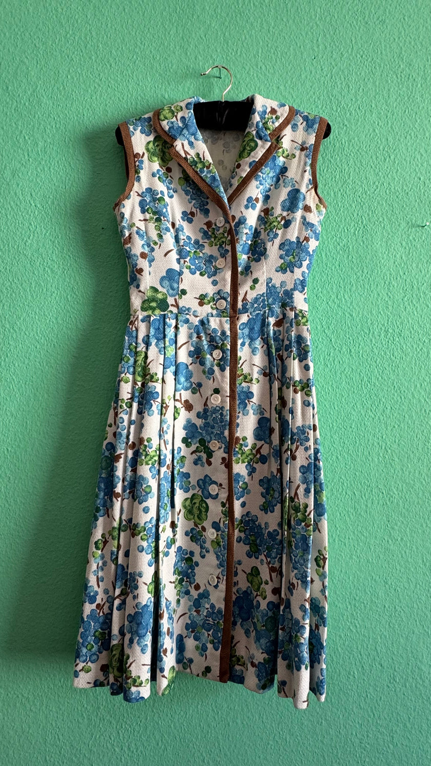 Vintage 1950s Blue Floral Cotton Dress