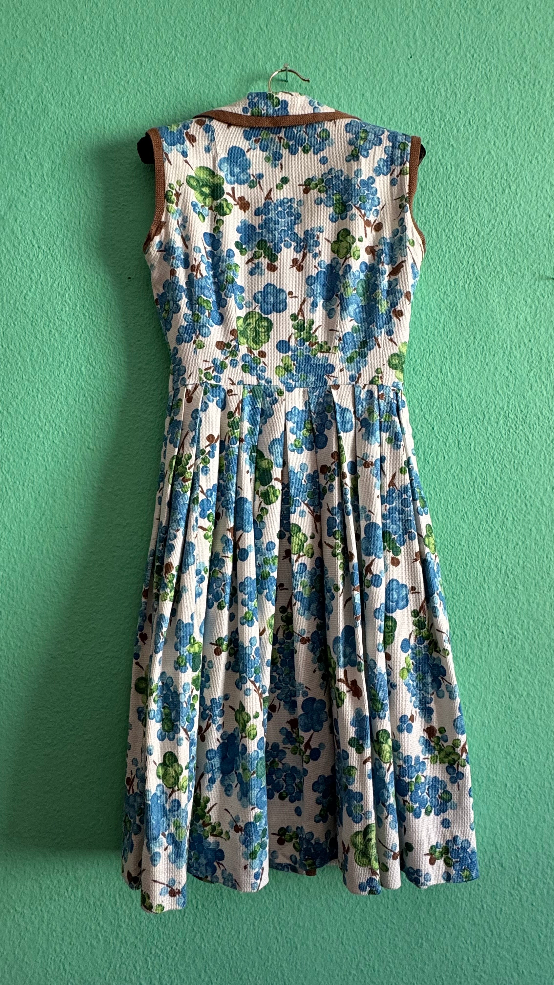 Vintage 1950s Blue Floral Cotton Dress