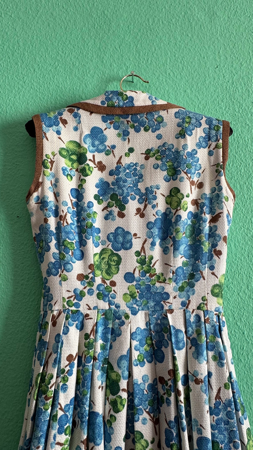 Vintage 1950s Blue Floral Cotton Dress