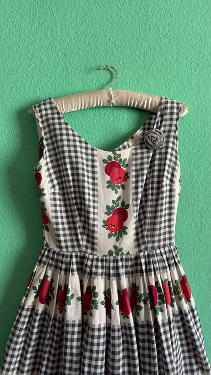Vintage 1950s Gingham And Apple Print Cotton Dress