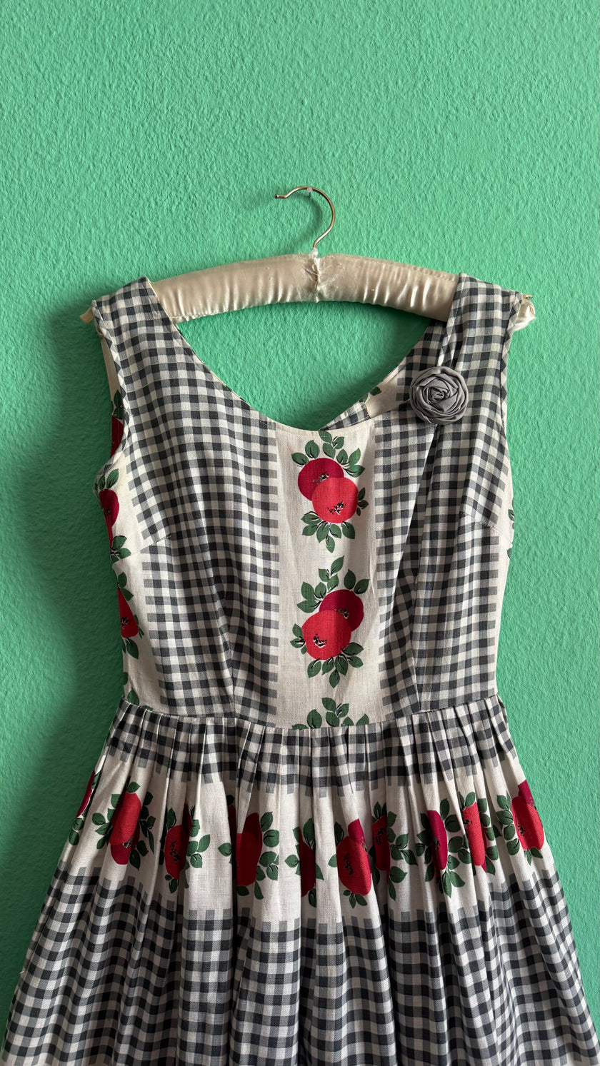 Vintage 1950s Gingham And Apple Print Cotton Dress