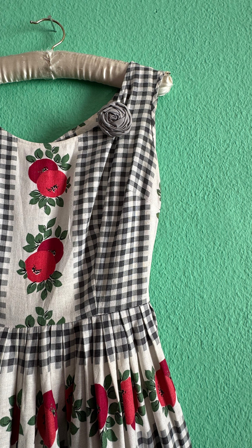 Vintage 1950s Gingham And Apple Print Cotton Dress
