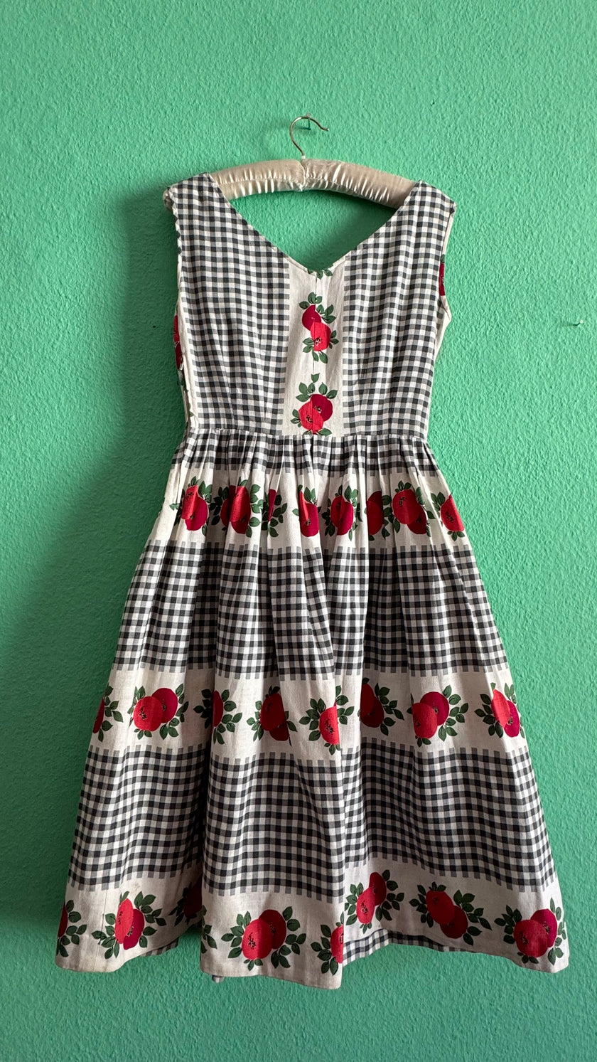 Vintage 1950s Gingham And Apple Print Cotton Dress