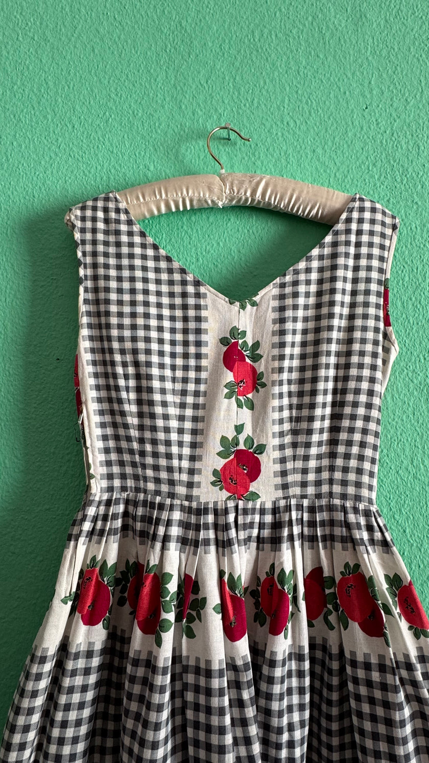 Vintage 1950s Gingham And Apple Print Cotton Dress