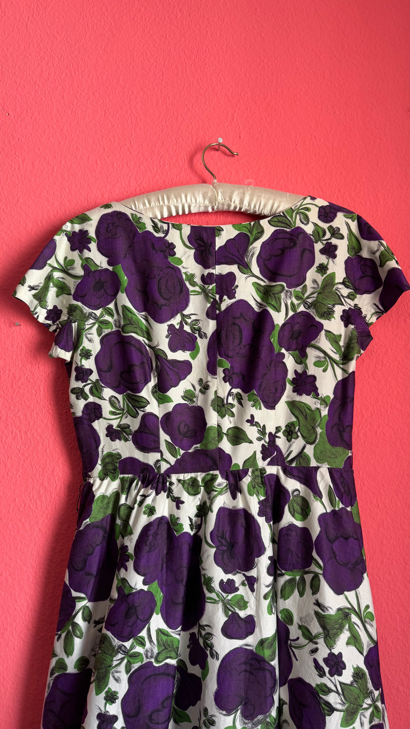 Vintage 1950s Purple Floral Cotton Dress