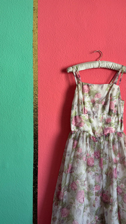 1980s Sheer Floral Organza Party Dress